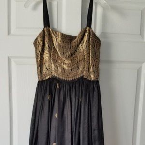 Indian style black & gold silk midi dress - size 2
